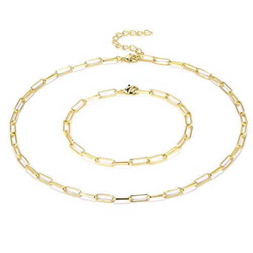 BOUTIQUELOVIN 14K Gold Plated Paperclip Link Chain Choker Necklace Bracelet Set for Women Girls Layered Necklaces Non-Tarnish Dainty Jewelry