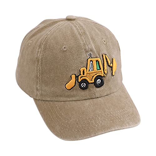 Cute Embroidery Excavator Kids Baseball Cap Adjustable Cotton Washed Vintage Cowboy Hat for Boys Girls Age 2-8 Khaki