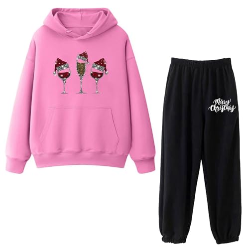 Suite 269 Women's Christmas Red Wine Glass Themed Hoodie & Pants Set With Drawstring And Pocket Features (Hot Pink, L)