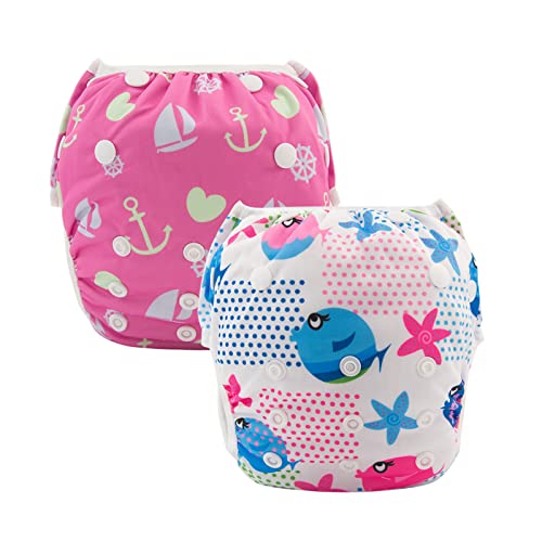 ALVABABY Swim Diapers 2pcs Baby & Toddler Snap One Size Reusable Adjustable Swim Diapers for Swim Classes SW09-10