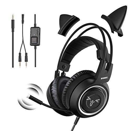 SOMIC Stereo Gaming Headset with Mic for PS4, PS5, Xbox One, PC, Mobile Phone, 3.5MM Sound Detachable Cat Ear Headphones Lightweight Self-Adjusting Over Ear Office Headphones G951S Black