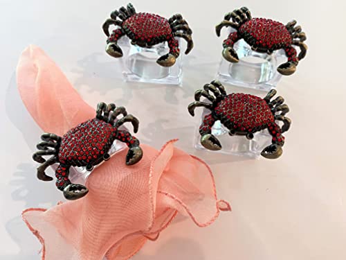 Turnwald Hans Set 4 Crab Napkin Ring Nautical Beach Decor Red Strass Stones, Lucite Base