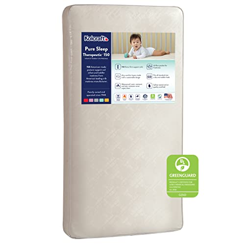 Kolcraft Pure Sleep Therapeutic 150 Certified Waterproof Baby Crib Mattress & Toddler Bed Mattress, Extra Firm Coils Hypoallergenic Comfort, GREENGUARD GOLD Air Quality Certified, Made in USA, 52'x28'
