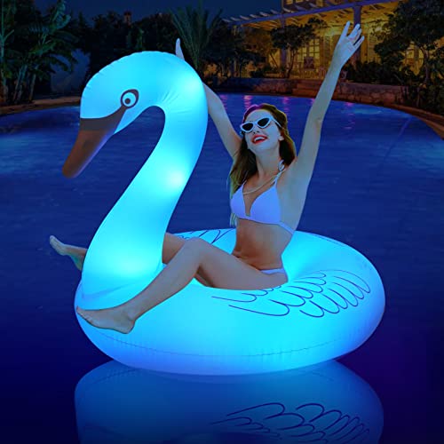 Inflatable Swan Pool Float with Colorful Lights, FlyfreeU Solar Powered LED Color Changing Swan Swim Tube Rings, 42'' Large Pool Beach Floaties Lake, Floaty Summer Pool Raft Lounge for Adults