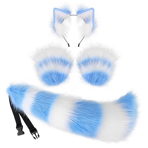 JUNBOON Faux Fur Cat Ears and Wolf Fox Tail Set Adult Claw Glove Kit for Halloween Anime Cosplay Party