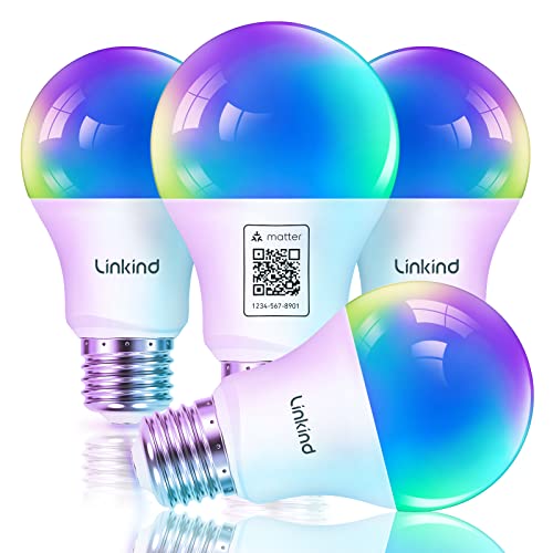Linkind Matter WiFi Smart Light Bulbs Work with Apple Home/Siri/Google Home/Alexa/SmartThings, RGBTW LED Color Changing Bulbs Music Sync, Smart Home Integration, A19 E26 60W 2.4Ghz WiFi Only 4 Pack