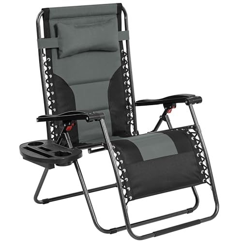 Yaheetech 29in Full Padded Zero Gravity Chair Oversized Outdoor Patio Folding Lounger Adjustable Portable Anti Gravity Recliner w/Carry Strap, Side Cup Tray, Pillow for Beach Yard Lawn Gray/Black/1