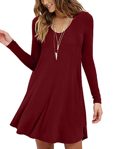 MOLERANI Women's Casual Swing Simple T-shirt Loose Dress, XX-Large, long Sleeve Wine Red