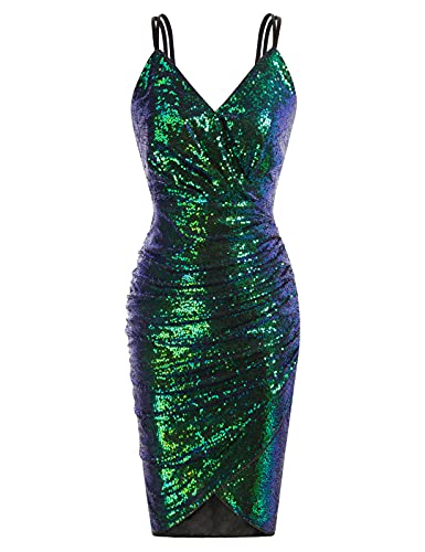 GRACE KARIN Spaghetti Straps Wrap V-Neck Sequin Sparkly Bodycon Mini Dress Dark Green XL