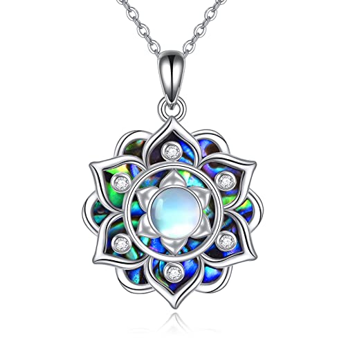 ONEFINITY Lotus Necklace 925 Sterling Silver Moonstone Pendant Necklace Abalone Shell Yoga Lotus Jewelry for Women Christmas Jewelry Gifts
