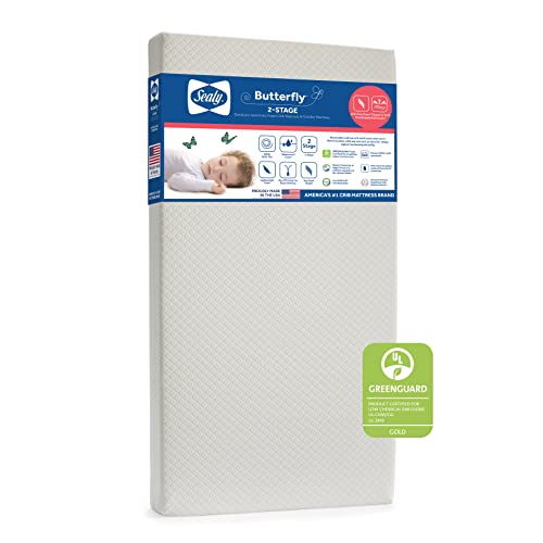 Sealy Butterfly 2-Stage Dual Firm Breathable Premium Foam Baby Crib Mattress & Toddler Bed Mattress, Waterproof Washable Cover, American Foam GREENGUARD GOLD Certified for Safety, Made in USA, 52'x28'