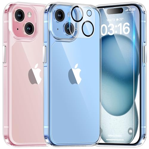 TAURI for iPhone 15 Case, [5 in 1] 1X Clear Case [Not-Yellowing] with 2X Screen Protectors + 2X Camera Lens Protectors, [15 FT Military Grade Drop Protection] Slim Shockproof Case for iPhone 15