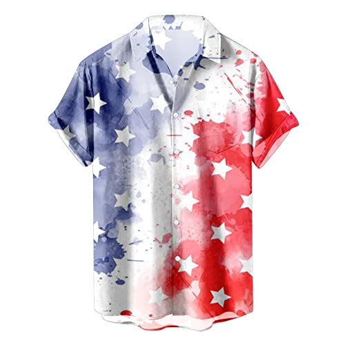 ZunFeo 4th of July Shirts Men American Flag Print Short Sleeve Bowling Shirts Casual Hawaii Beach Clothes Loose Fit