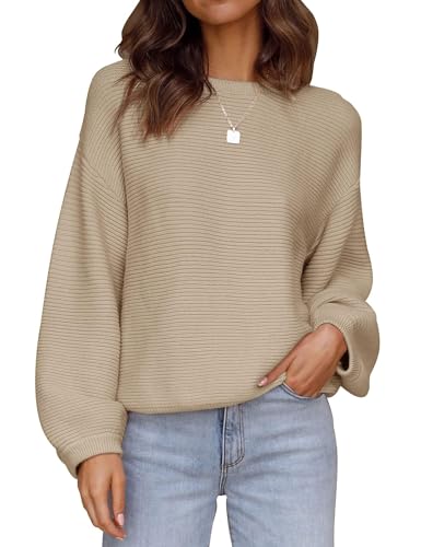 ZESICA Women's 2024 Crew Neck Long Lantern Sleeve Casual Loose Ribbed Knit Solid Soft Pullover Sweater Tops,Khaki,Small
