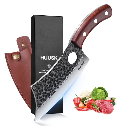 Huusk Japan Knives, Viking Knife with Sheath, Meat Cleaver Knife for Meat Cutting, Hand Forged Chef Butcher Full Tang Boning Knife for Outdoor Cooking, Kitchen Deboning or Camping BBQ