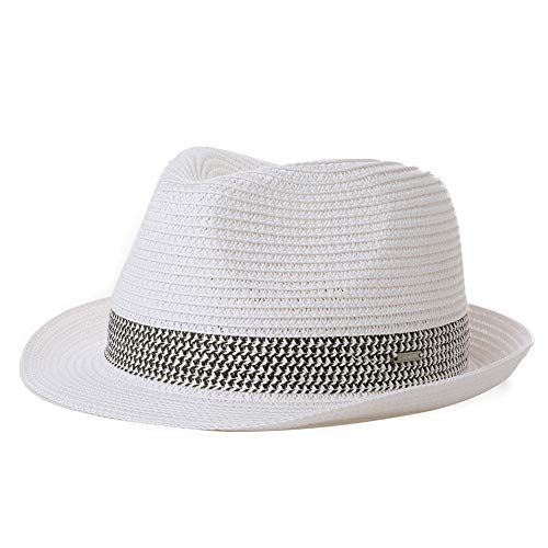 Fancet Packable Straw Fedora Panama Sun Summer Beach Hat Cuban Trilby Men Women 55-64cm (US, Alpha, Medium, White)