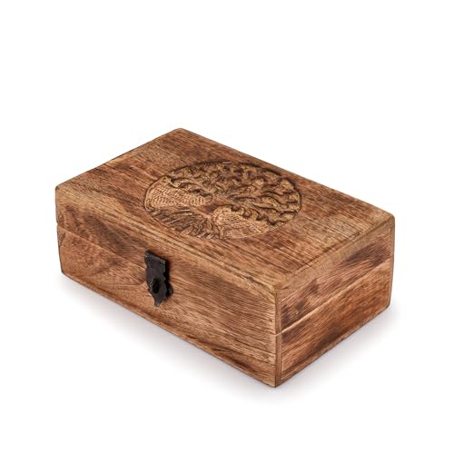 Samhita Handmade Mango Wood Tree of Life Engraving Beautifully Keepsake Box Jewellery Organiser Unique Gift Ideas for Men & Women (Flame Work Finish)