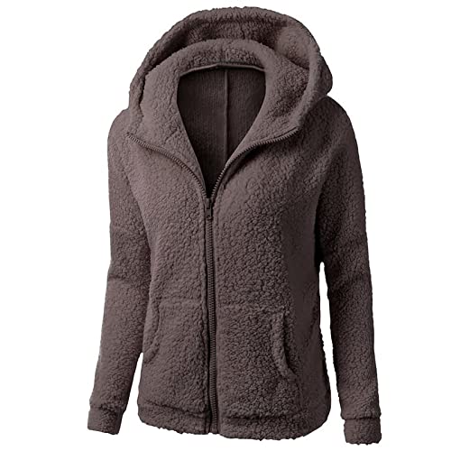 prime big deal days october 10-11 sweatshirt for women Women Fuzzy Fleece Hoodies Long Sleeve Solid Color Full Zip Teddy Coat Sweatshirt Pullover Slim Fit Warm Clothes with Pocket Coffee S