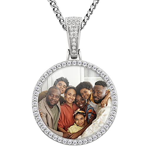 YIMERAIRE Custom Photo Necklace with Picture Pendant for Men Women Bling Personalized Round Chain Hip Hop Jewelry Pendant Print Image Chain Dog Tags DIY Memorial Chain (with Gift Box)