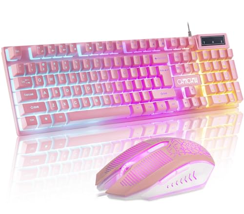 CHONCHOW Pink Gaming Keyboard and Mouse Combo with Backlit, Function Keys, 19 Keys Anti-ghosting for Gamer on PC Laptop Computer Mac PS4 Xbox, Cute Wired Light Up Keyboard & RGB Mouse, Gift for Girl