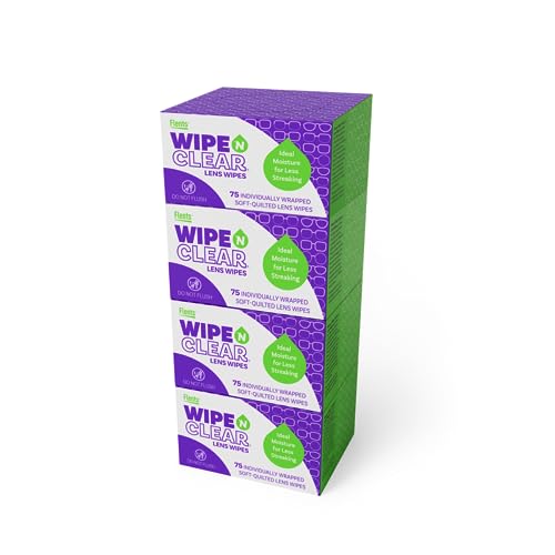 Flents Wipe 'N Clear Lens Cleaning Wipes 5' x 6' Lens Wipes AntiStreak Fast Drying 4 Portable Boxes Of 75, Bonus Pack, 300 Count, Made in the USA, 75 Count (Pack of 4)