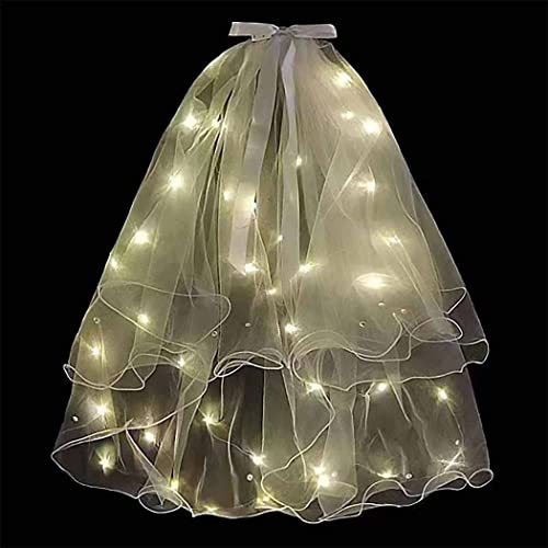 JONKY 2 Tier Led Bride Wedding Veil White Light up Pencil Edge Bridal Veils with Hair Clip Glowing Party Club Statement Headpieces for Women(Warm)
