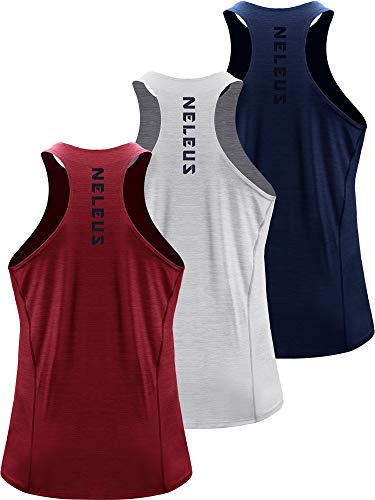 NELEUS Men's 3 Pack Running Tank Tops Dry Fit Muscle Athletic Workout Shirts,5069,Navy,Light Grey,Red,US S,EU M