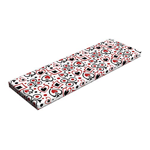 Lunarable Poker Bench Pad, Dotted Background with Suits of Poker Cards Drawing Spades and Clubs Doodle, Standard Size HR Foam Cushion with Decorative Fabric Cover, 45' x 15' x 2', Ruby Black White