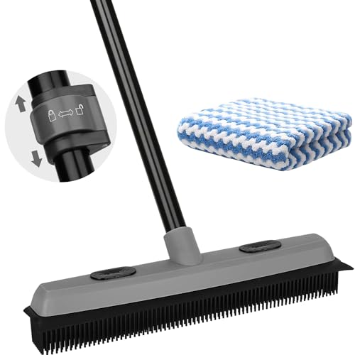 Pet Hair Removal Rubber Broom with Squeegee, Carpet Rake for Pet Hair with 59' Telescoping Long Handle, Fur Remover Rake for Carpet, Hardwood Floor, Tile