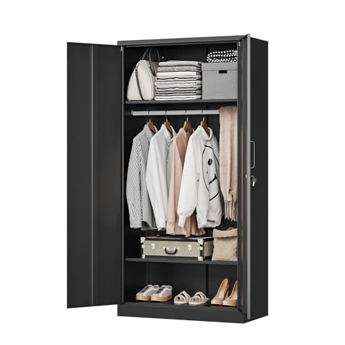 MIIIKO Steel Wardrobe Cabinet for Clothes, 72' Garments Closet Cabinet for Home Office and Bedroom with Shelves and Hanging Rod