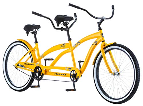 Kulana Lua Tandem Bike, Beach Cruiser Bike for Adult Men Women, Double Rider Bicycle, 26-Inch Wheels, Steel Frame, Single Speed, Yellow