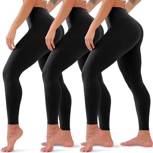 3 Pack High Waisted Leggings for Women No See Through Yoga Pants Tummy Control Leggings for Workout Running Buttery Soft (Black/Black/Black, S/M)