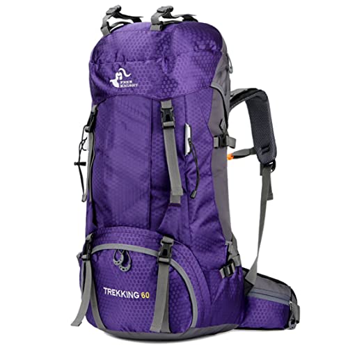 Bseash 60L Waterproof Hiking Camping Backpack with Rain Cover, Lightweight Outdoor Sport Travel Daypack for Climbing Touring (Purple)