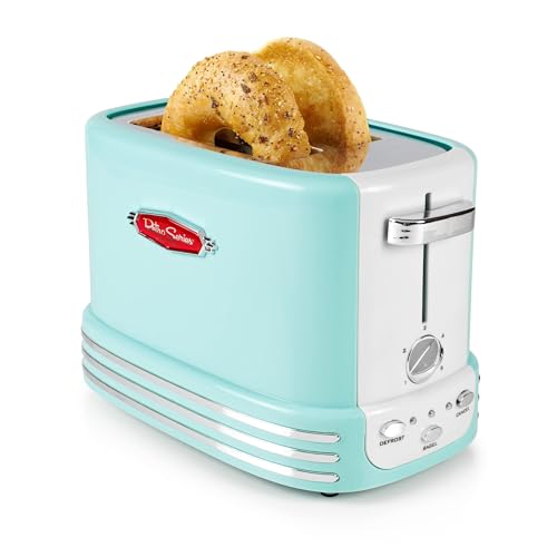 Nostalgia Retro Toaster - Wide 2-Slice Vintage Design - Compact Size Perfect for Kitchen Counter - Toasts Bread, Bagels, and Waffles - Comes with 5 Toasting Levels, Crumb Tray, Cord Storage - Aqua