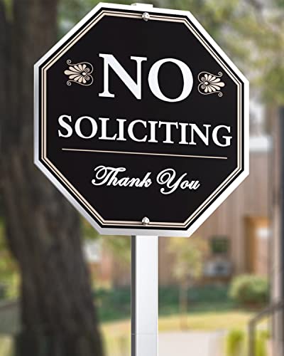 SWEETAPRIL No Soliciting Sign For House - 28' Aluminum Heavy Duty Weather Resistant With Stake, Contains Self-Adhesive No Soliciting Signs For Home (Black)