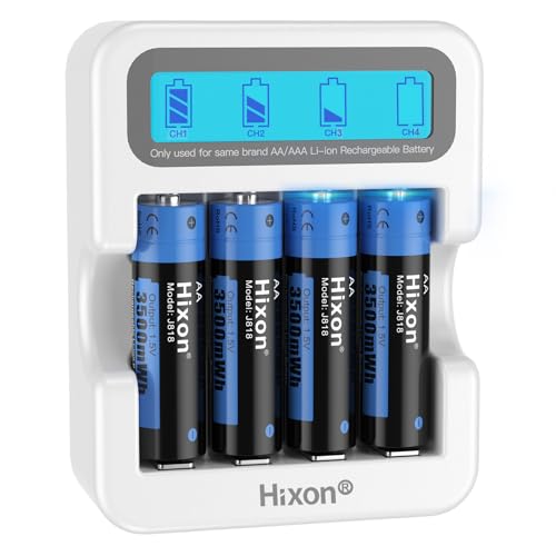 Hixon AA Rechargeable Batteries and LCD Charger,4x3500mWh Rechargeable AA Lithium 1.5V Batteries,Max 3A Current,1600Cycles,Fits for Blink Camera VR/Xbox Gaming Controller.