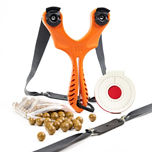 SimpleShot Axiom Ocularis Slingshot with Clay Ammo, Target, and Two Bands for Professional Hunting Target Marksmanship Shooting (Orange)