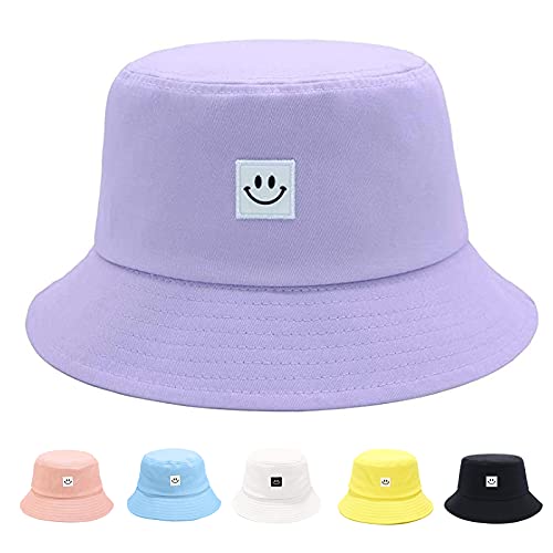 Kids Sun Hat Smile Face Bucket Hat for Girls Boys Summer Sun Protection Cotton Unisex Beach Cap(Purple)