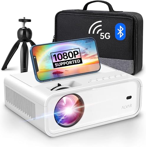 Mini Projector with 5G WiFi and Bluetooth W/ Tripod & Bag, ALVAR 9000 Lumens Portable Outdoor Movie Projector 240' Display & 1080P Supported, Compatible with TV Stick/HDMI/VGA/USB/iOS & Android