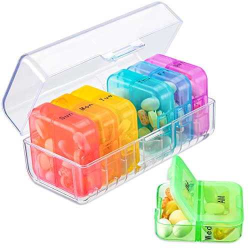 Zoksi Weekly Pill Organizer 2 Times a Day, Rainbow 7 Day Pill Box, Daily Am Pm Pill Organizer, Portable Case for Fish Oils, Vitamin, Supplement