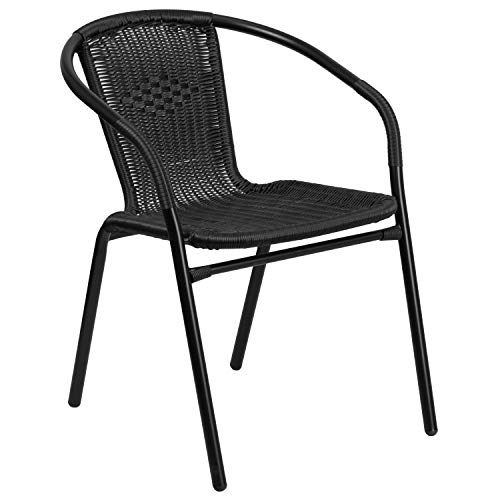 Flash Furniture Lila Modern Rattan Indoor/Outdoor Stackable Dining Chairs, Stacking Rattan Bistro Chairs for Patio or Restaurant, Set of 4, Black