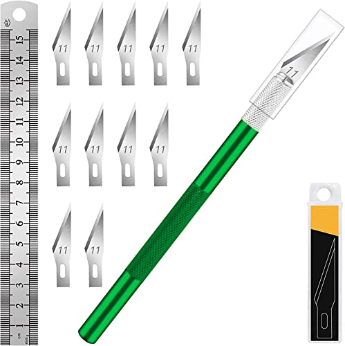 DIYSELF 1 Pcs Exacto Knife with 11 Pcs SK5 High Carbon Steel Exacto Blades Kit, Precision Knife Stencil Knife, Craft Hobby Knife, Art knife and 1pcs Steel 15cm Ruler for Fondant, Scrapbooking (Green)
