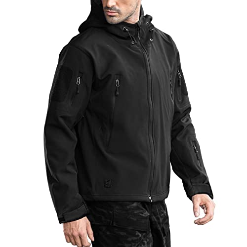 FREE SOLDIER Men's Outdoor Waterproof Soft Shell Hooded Military Tactical Jacket(Black, Large/US)