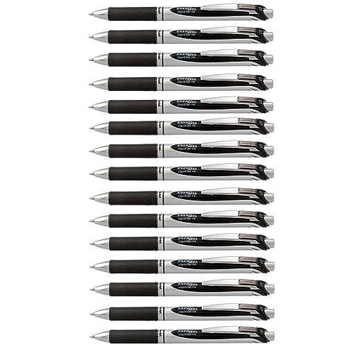 Pentel EnerGel RTX Deluxe Retractable Liquid Gel Pen, Medium Line, 0.7mm Metal Tip, Black Ink, Silver Barrel (Bulk Lot of 15) (BL77-A)