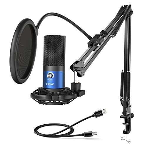 FIFINE USB Recording PC Microphone Kit, Computer Condenser Cardioid Mic on Mac Windows PS4/PS5, for Streaming, Podcasting, Gaming, Video, Home Use, with Gain Knob, Arm Stand-T669 Blue