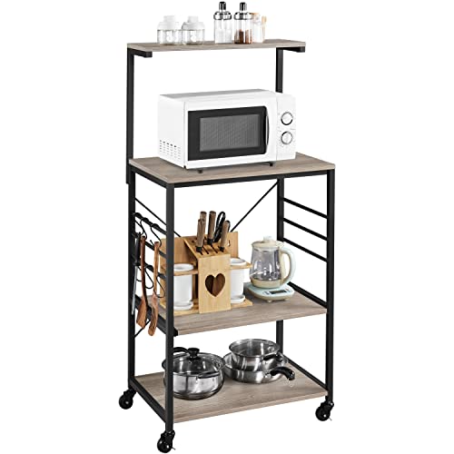 Yaheetech Kitchen Bakers Rack on Wheels, Microwave Stand Kitchen Cart with Sliding Shelf, Rolling Coffee Bar Cart with 6 S-Side Hooks and Adjustable Feet, Utility Storage Shelf, Gray