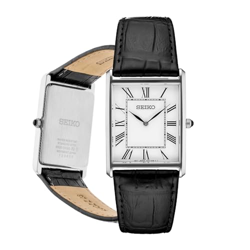 SEIKO SWR049 Watch for Men - Essentials - White Dial with Roman Numerals, and Black Leather Strap