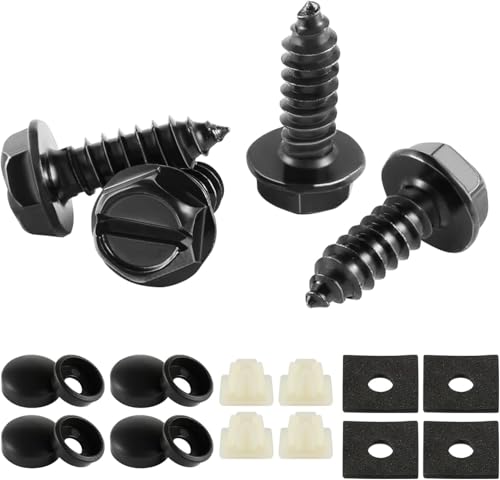 LivTee Rustproof License Plate Screws for Securing License Plates Frames and Covers on Cars and Trucks, 4 Sets Premium Stainless Steel Self Tapping Mounting Bolts (Black Zinc Plated)