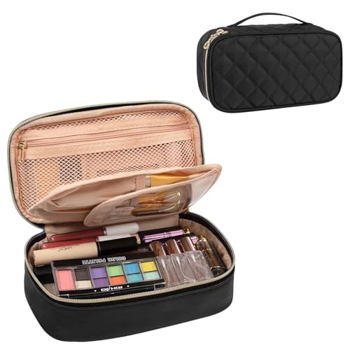 OCHEAL Small Makeup Bag,Portable Cute Travel Makeup Bag Pouch for Women Girls Makeup Brush Organizer Cosmetics Bags with Compartment-Black