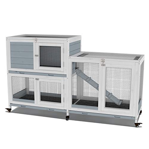 GDLF Two Floors 58' Wooden Indoor Bunny Hutch Rabbit Cage on Wheels Guinea Pig PET House for Small to Medium Animals Waterproof No Leak Tray